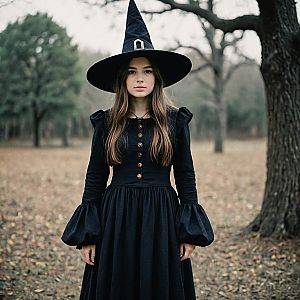 Young Woman in Vintage Black Dress and Witch Hat in Forest