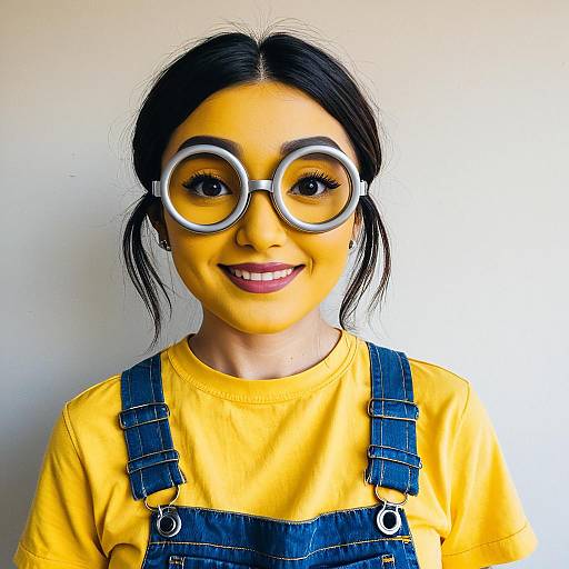 Portrait of Woman in Yellow and Denim Overalls with Oversized Round Glasses