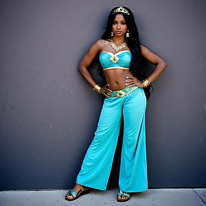 Confident Woman in Teal Costume with Gold Accents