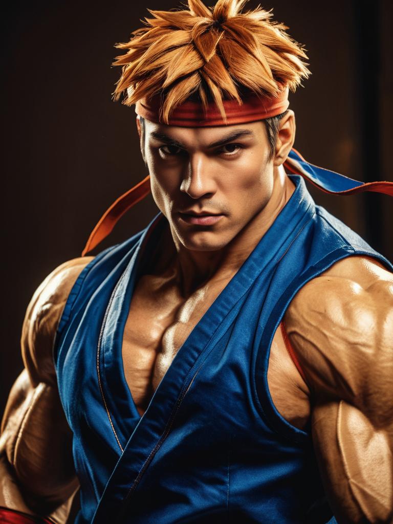 Realistic Street Fighter Cosplay Man with Spiky Hair and Red Headband