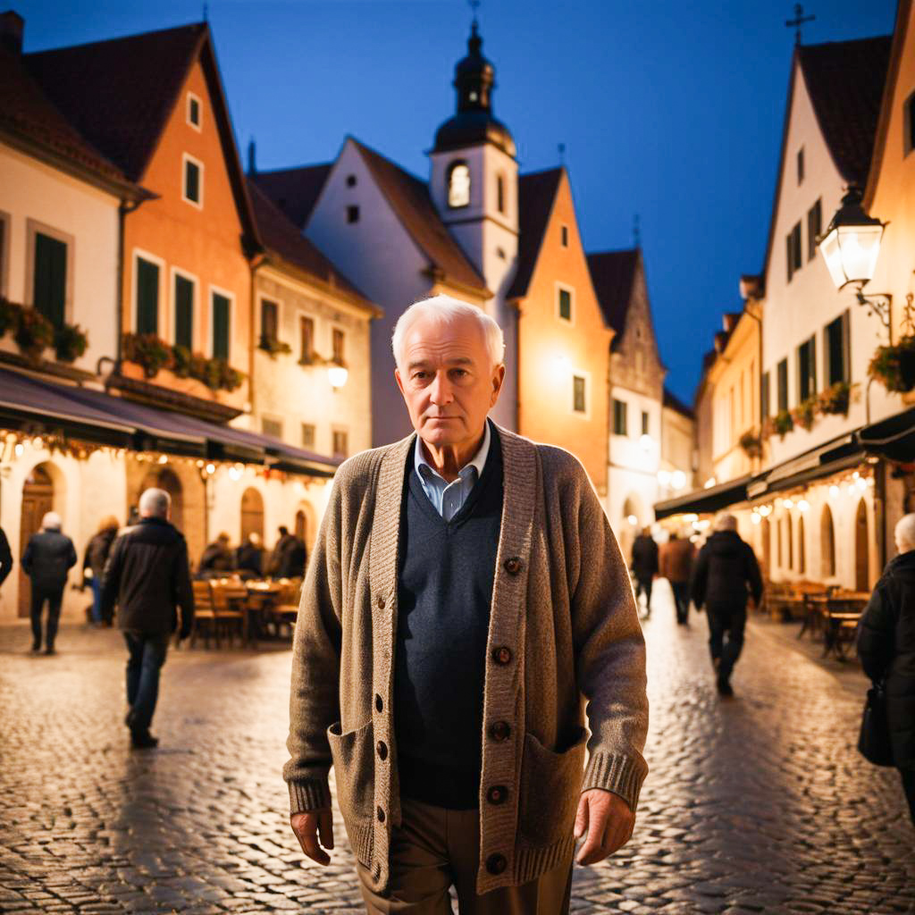 Mature Man in Cozy Sweater on Cobblestone Street with Holiday Lights