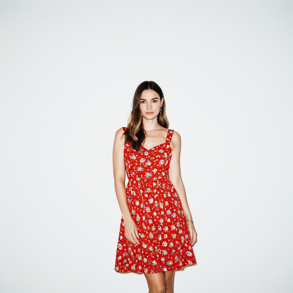 Young Woman in Red Floral Dress