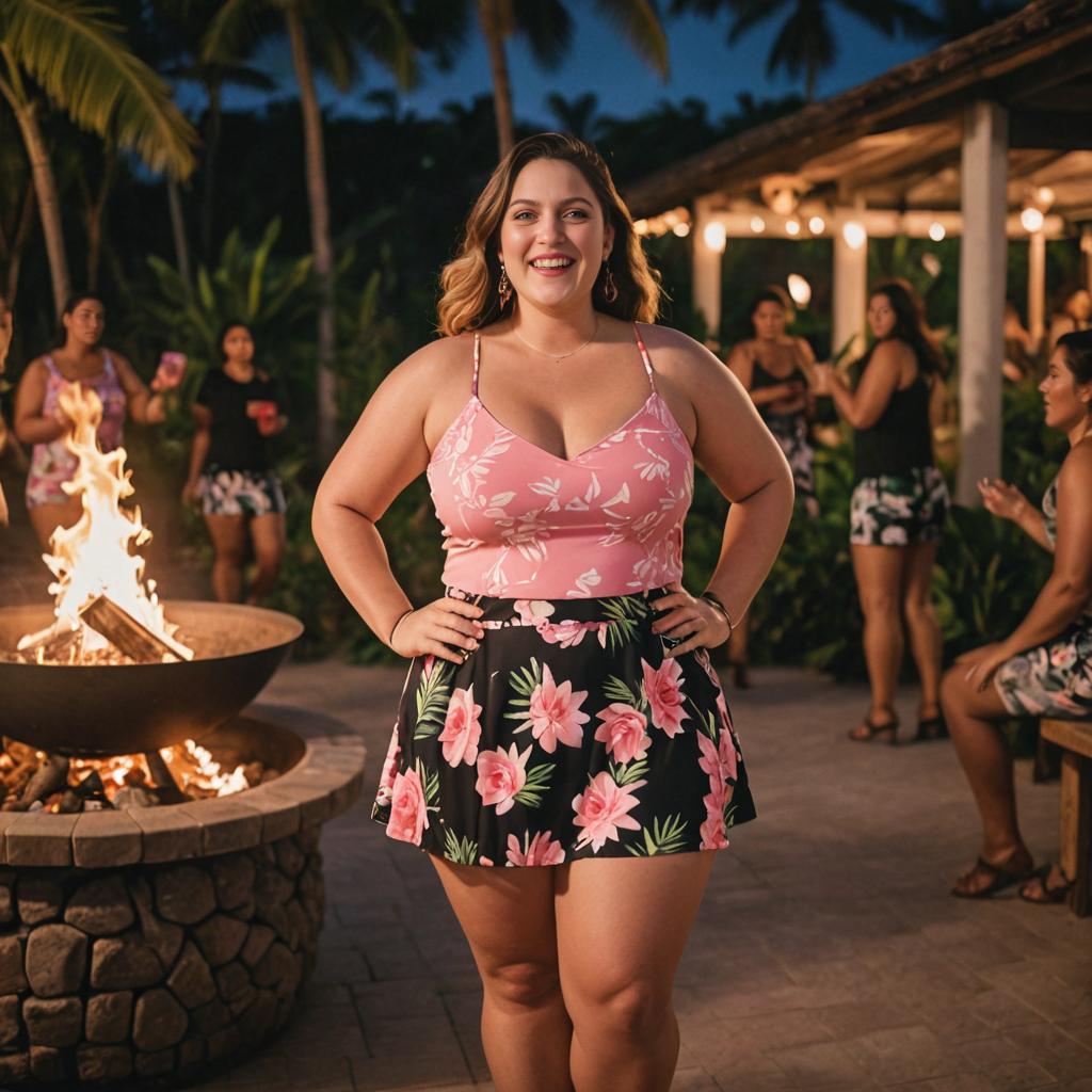 Confident Woman in Floral Outfit by Firepit at Tropical Evening