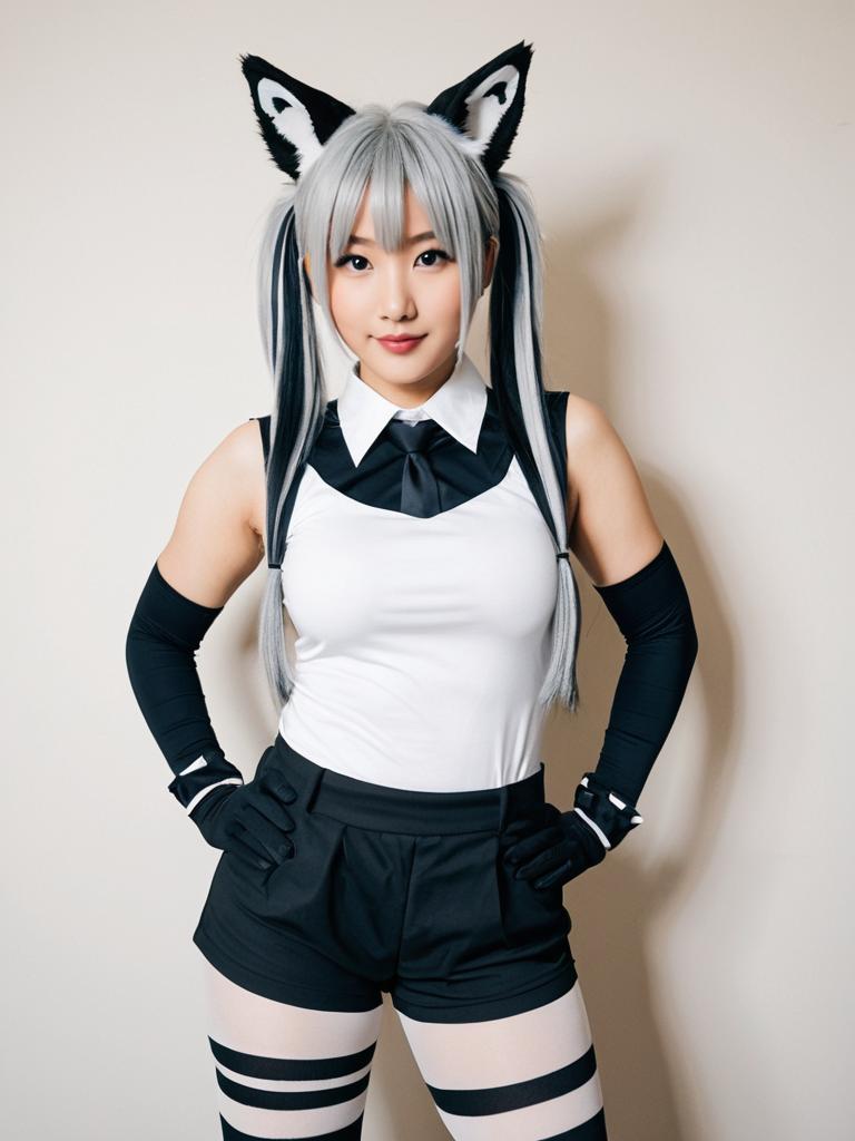 Aardwolf Kemono Friends Cosplay Costume with Striped Stockings and Animal Ears