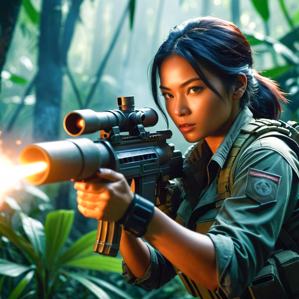 Woman in Tactical Attire Aiming in Jungle