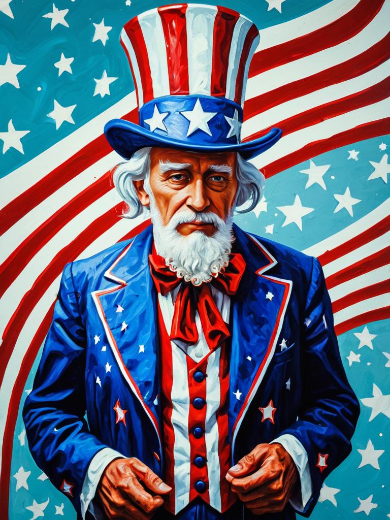 Patriotic Man in Vibrant Costume Against Flag