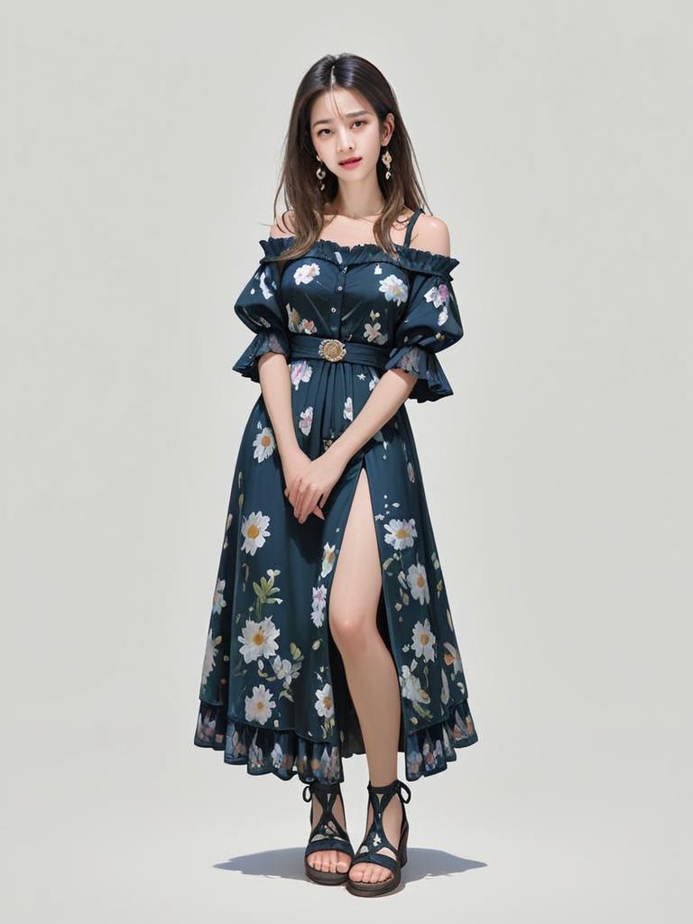 Boho Chic Woman in Floral Off-The-Shoulder Dress with High Slit Full Body Shot