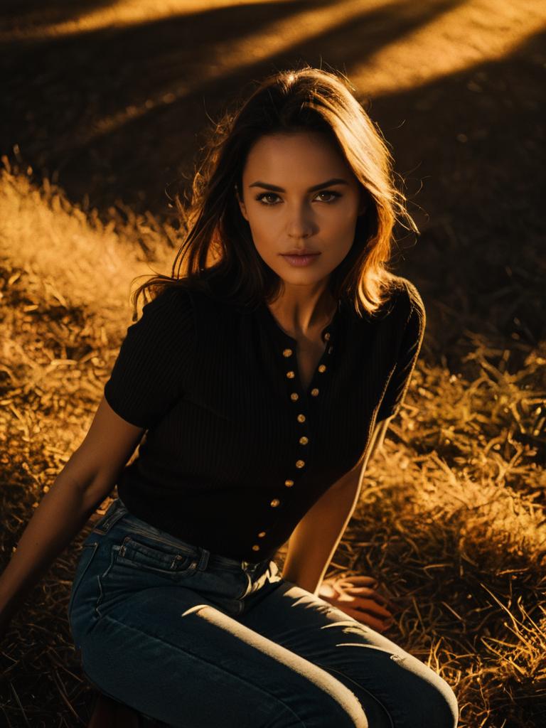 Woman in Casual Chic Black Ribbed Henley Top with Short Sleeves Outdoors