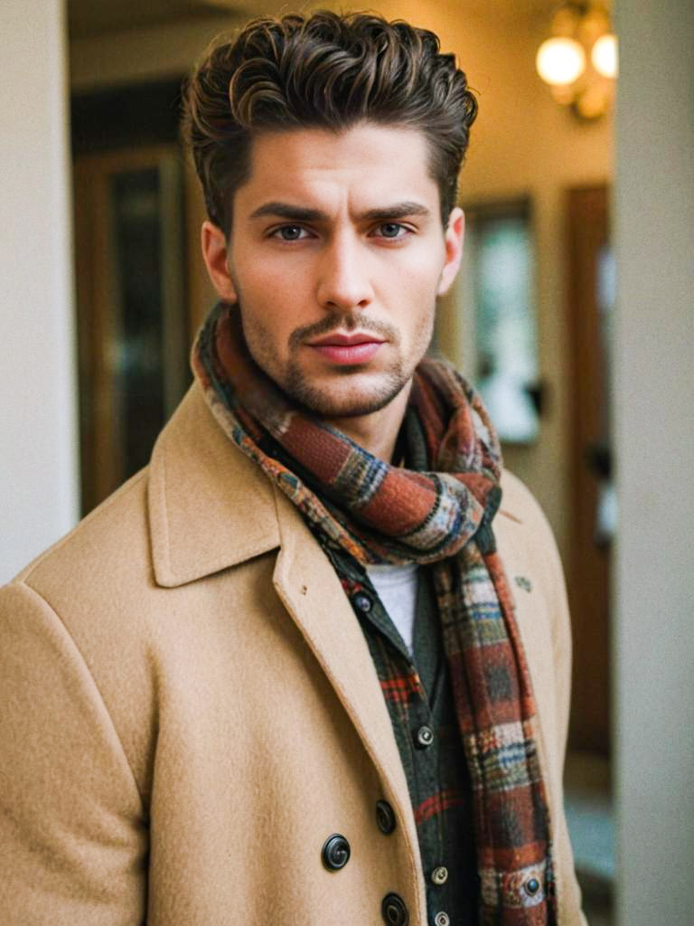 Stylish man in beige coat with plaid scarf