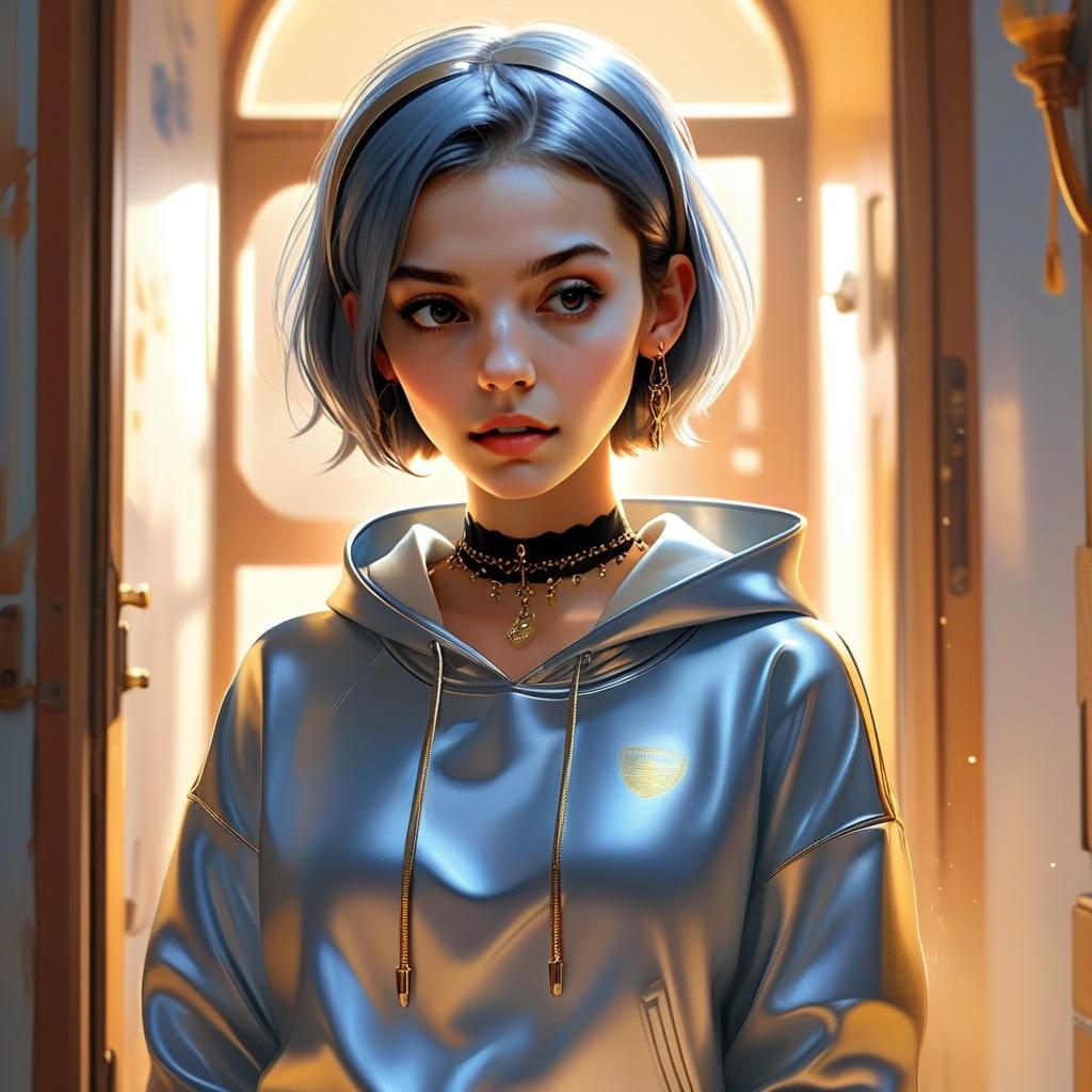 Young Woman with Silver Hair in Shiny Hoodie