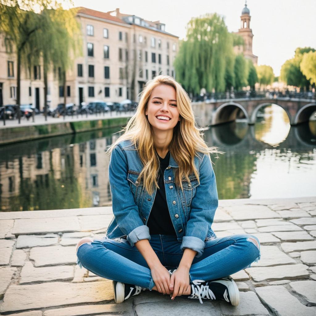 Smiling Woman Sitting by Canal in Denim Outfit with Historic European City Background