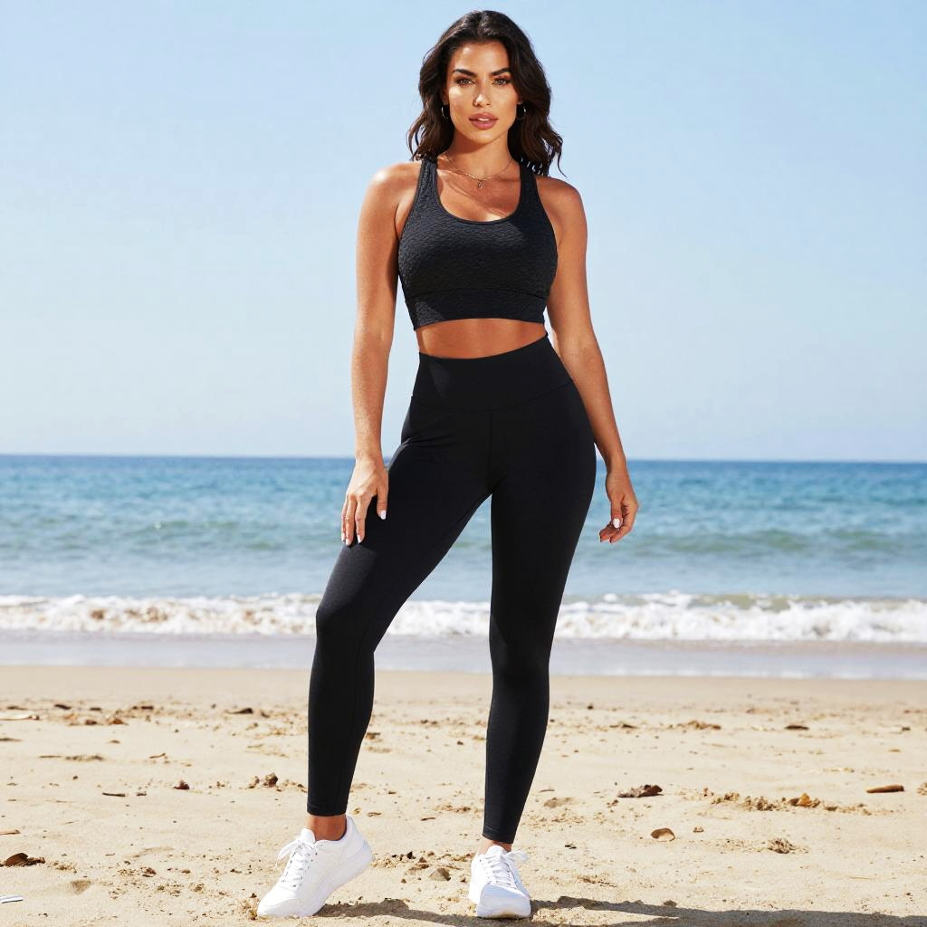 Woman in Textured Black Crop Top and High-Waisted Leggings on Beach