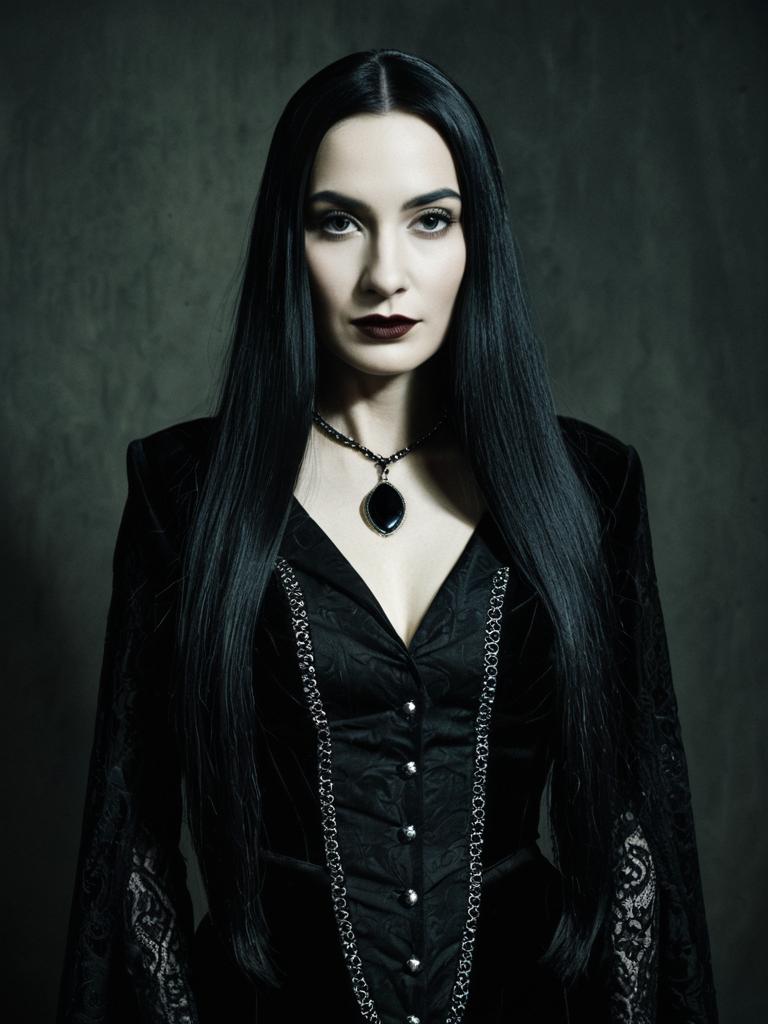 Woman in Morticia Addams Costume Gothic Cosplay Portrait