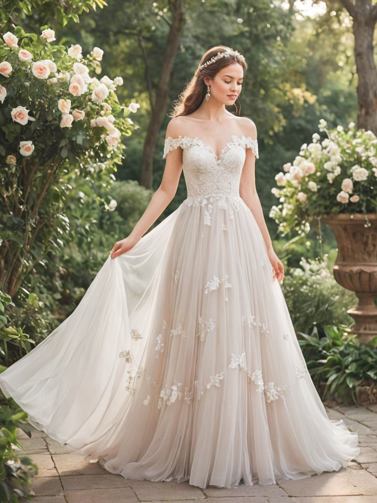 Elegant Bride in Off-the-Shoulder Gown in Garden