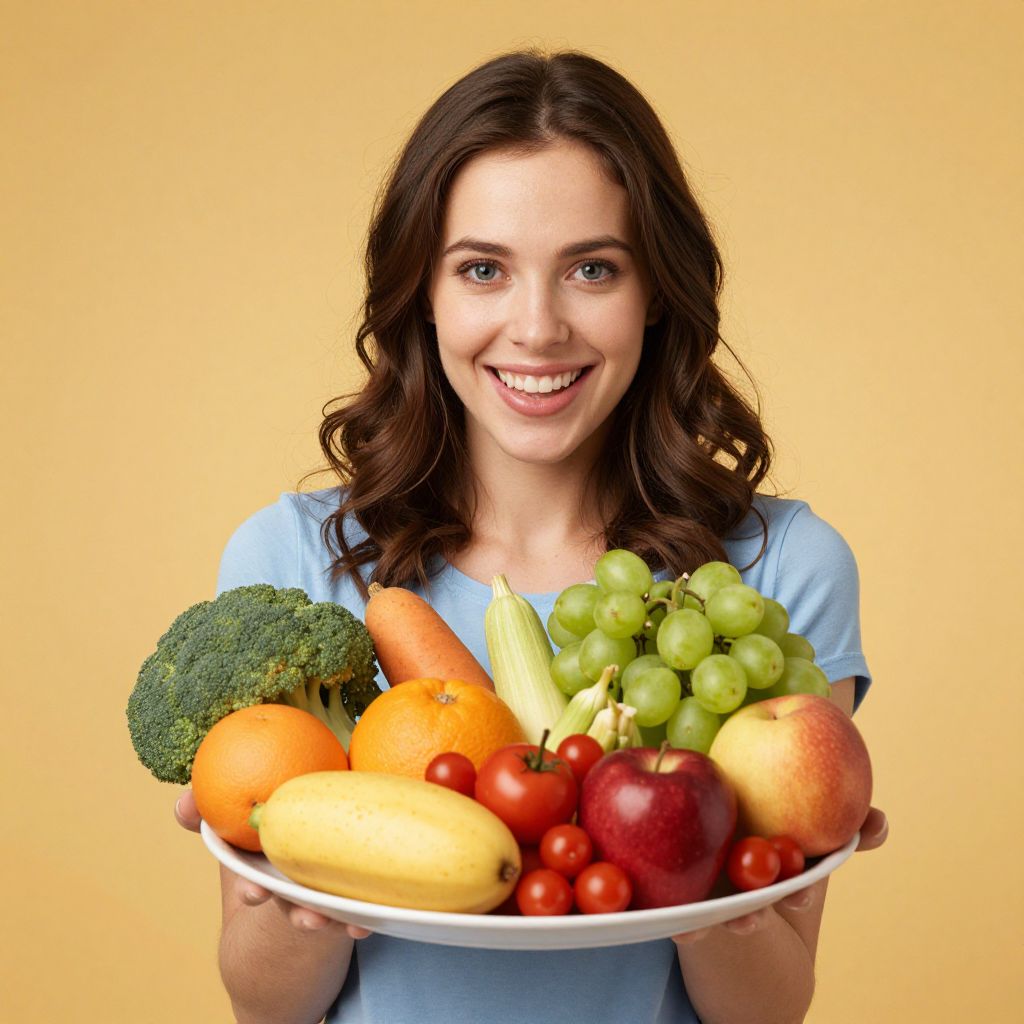 Young Woman Holding Plate of Fresh Fruits and Vegetables