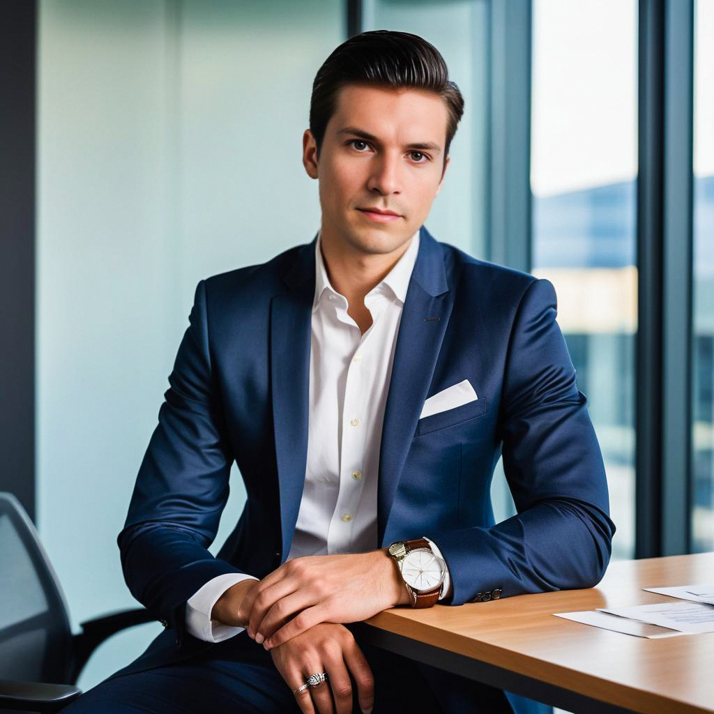 Confident Young Man in Navy Suit at Office Desk