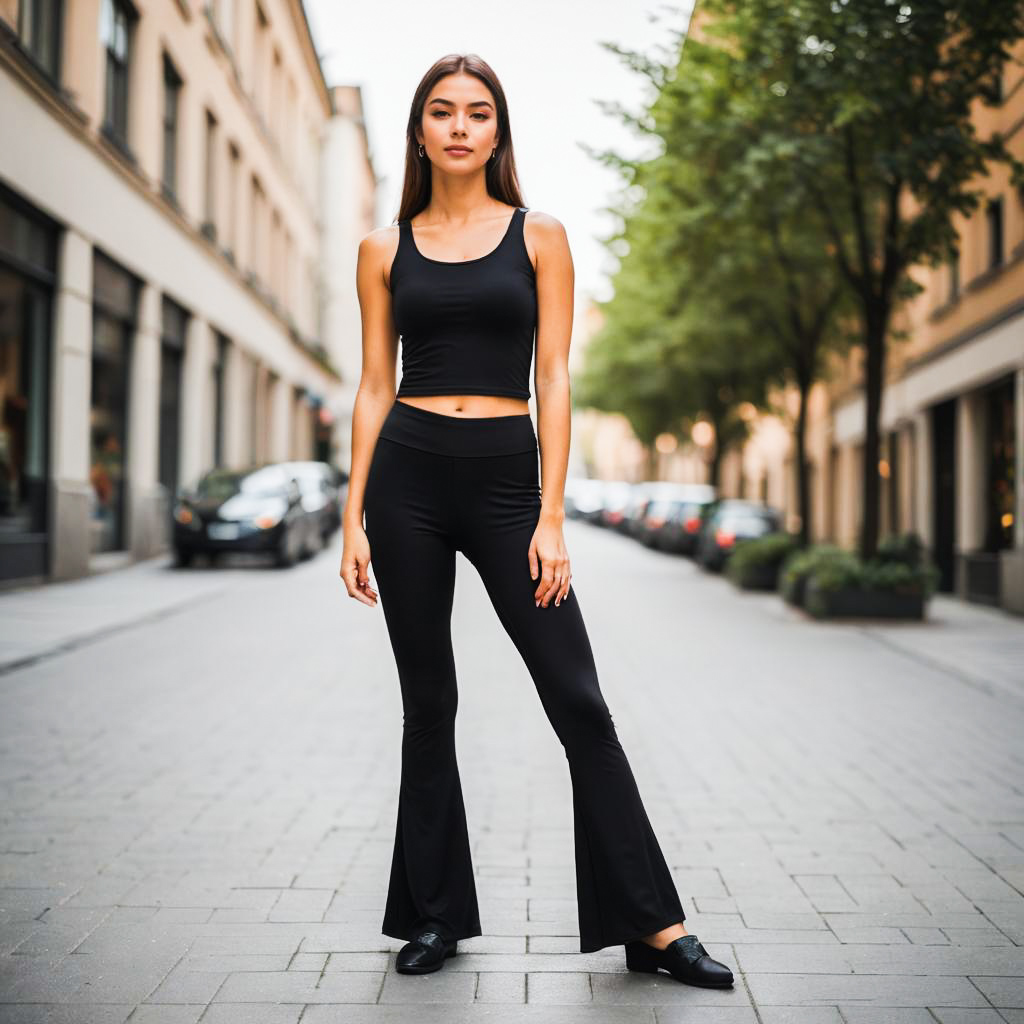 Confident Young Woman in Modern Black Outfit on City Street