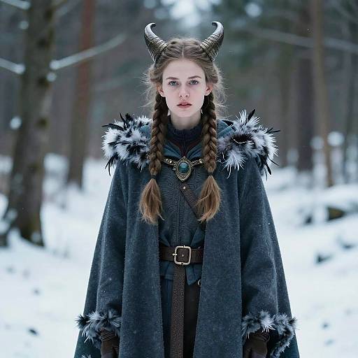Fantasy Viking Style Woman with Horns in Snowy Forest