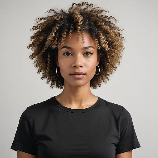 Confident Young Woman with Curly Highlighted Hair in Black T-Shirt