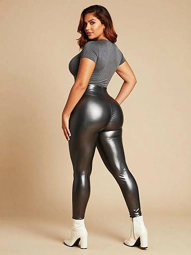 Trendy Gen Z Fashion Woman in Metallic Leggings and Grey T-shirt
