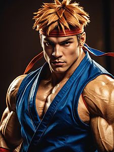 Realistic Street Fighter Cosplay Man with Spiky Hair and Red Headband