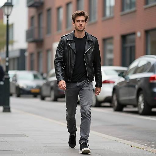 Stylish Young Man Walking in Black Leather Jacket on Urban Street