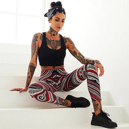 Tattooed Woman in Black Crop Top and Patterned Leggings Sitting on White Stairs