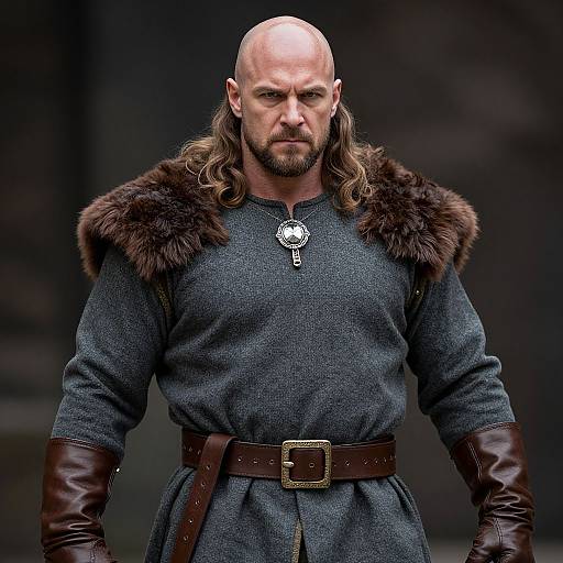 Medieval Viking Man in Fur Mantle and Leather Gloves