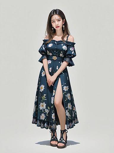 Boho Chic Woman in Floral Off-The-Shoulder Dress with High Slit Full Body Shot
