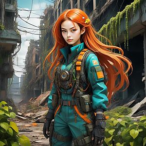 Young Woman with Red Hair in Futuristic Tactical Suit
