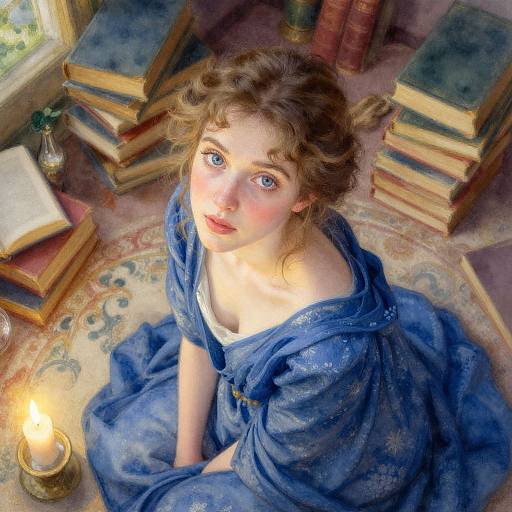 Classical Portrait of Woman in Blue Gown with Books and Candlelight