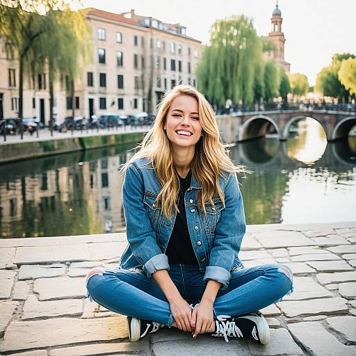 Smiling Woman Sitting by Canal in Denim Outfit with Historic European City Background