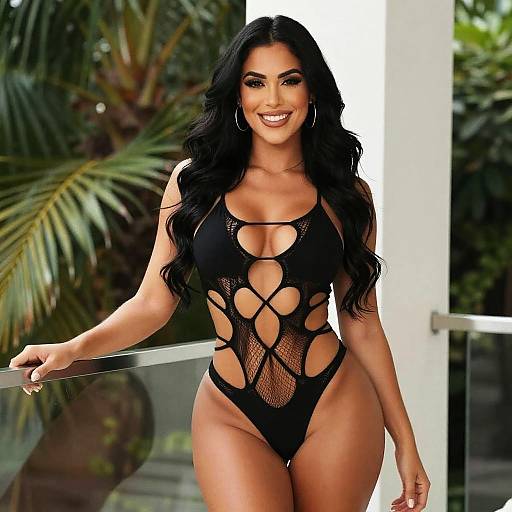 Woman in Stylish Cutout Black Swimsuit Outdoor Fashion Portrait