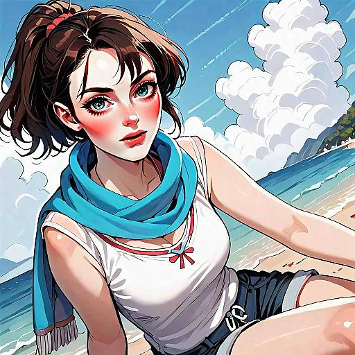 Anime Style Young Woman Sitting on Beach with Blue Scarf
