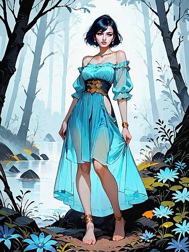 Dark Fantasy Medieval Woman in Blue Dress Standing in Foggy Forest