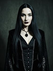 Woman in Morticia Addams Costume Gothic Cosplay Portrait