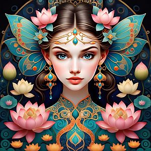 Regal Woman with Intricate Jewelry and Floral Accents