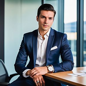 Confident Young Man in Navy Suit at Office Desk