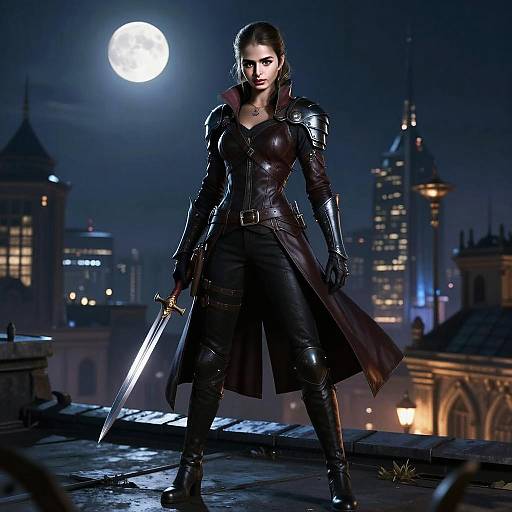 Woman Warrior in Medieval Armor with Sword on Rooftop at Night