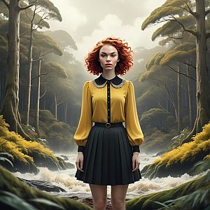 Woman with Red Hair in Enchanting Forest