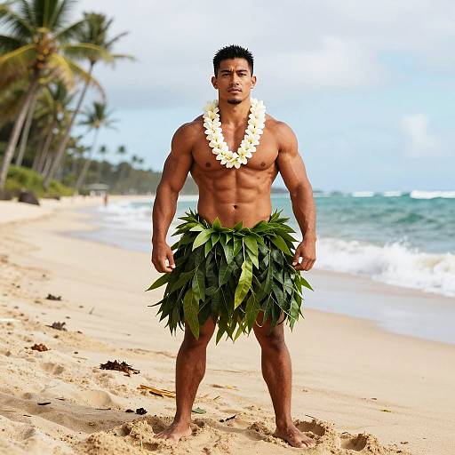 Muscular Man in Polynesian Leaf Skirt and Flower Lei on Beach
