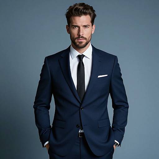 Confident Man in Navy Blue Suit with Black Tie