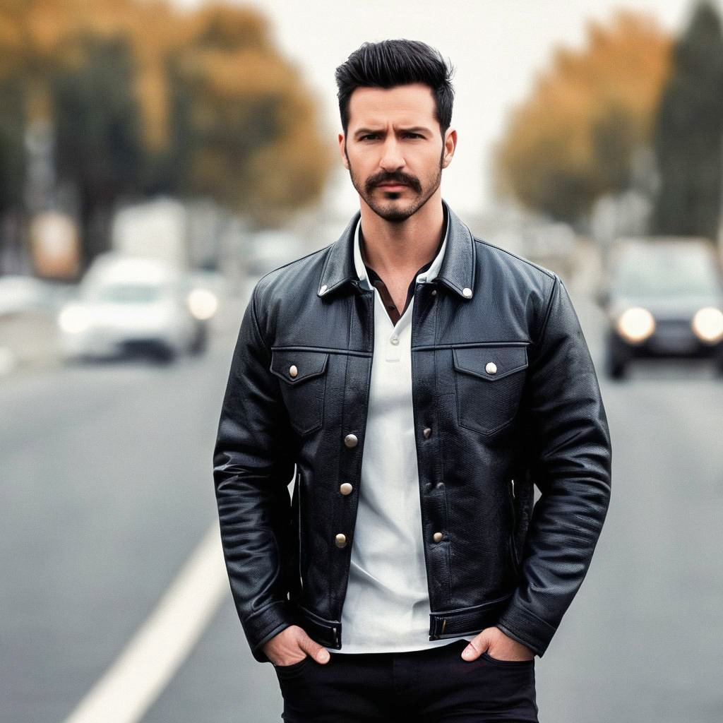 Confident Man with Mustache in Urban Setting Confident Man with Mustache in Urban Setting