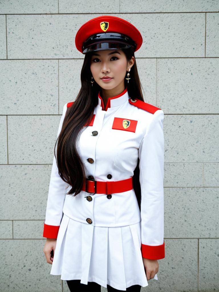 Woman in White and Red Military-Inspired Uniform with Peaked Cap