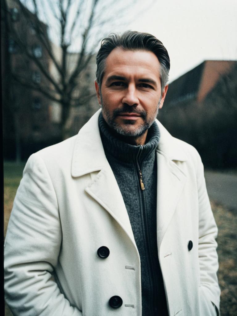 Photorealistic Outdoor Portrait of Man in White Coat Daylight
