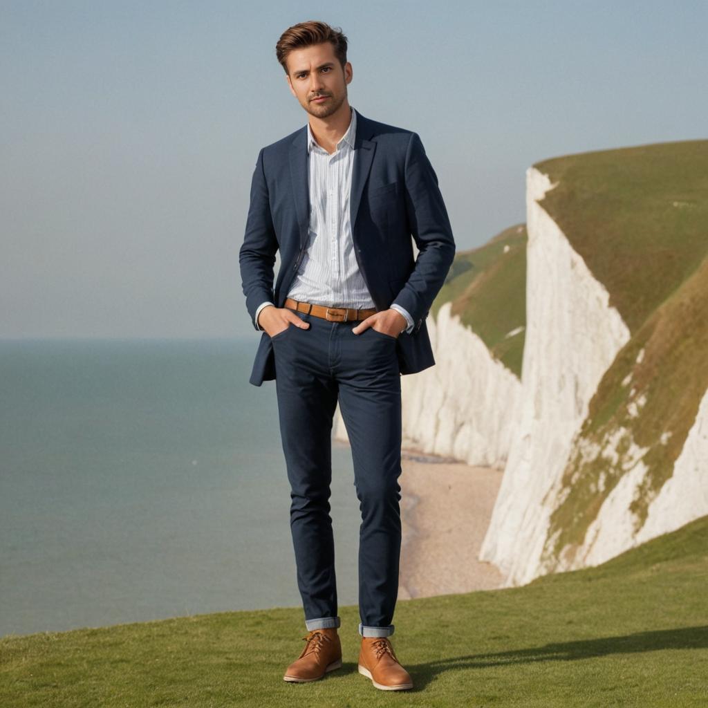 Stylish Man at White Cliffs of Dover with Camera