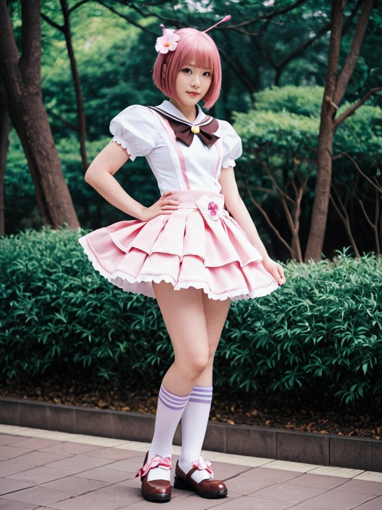 Hanadera Nodoka Cosplay in Pink and White Anime Outfit Outdoors