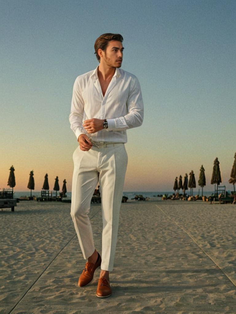 Stylish Man in California Cocktail Attire at Beachside Event