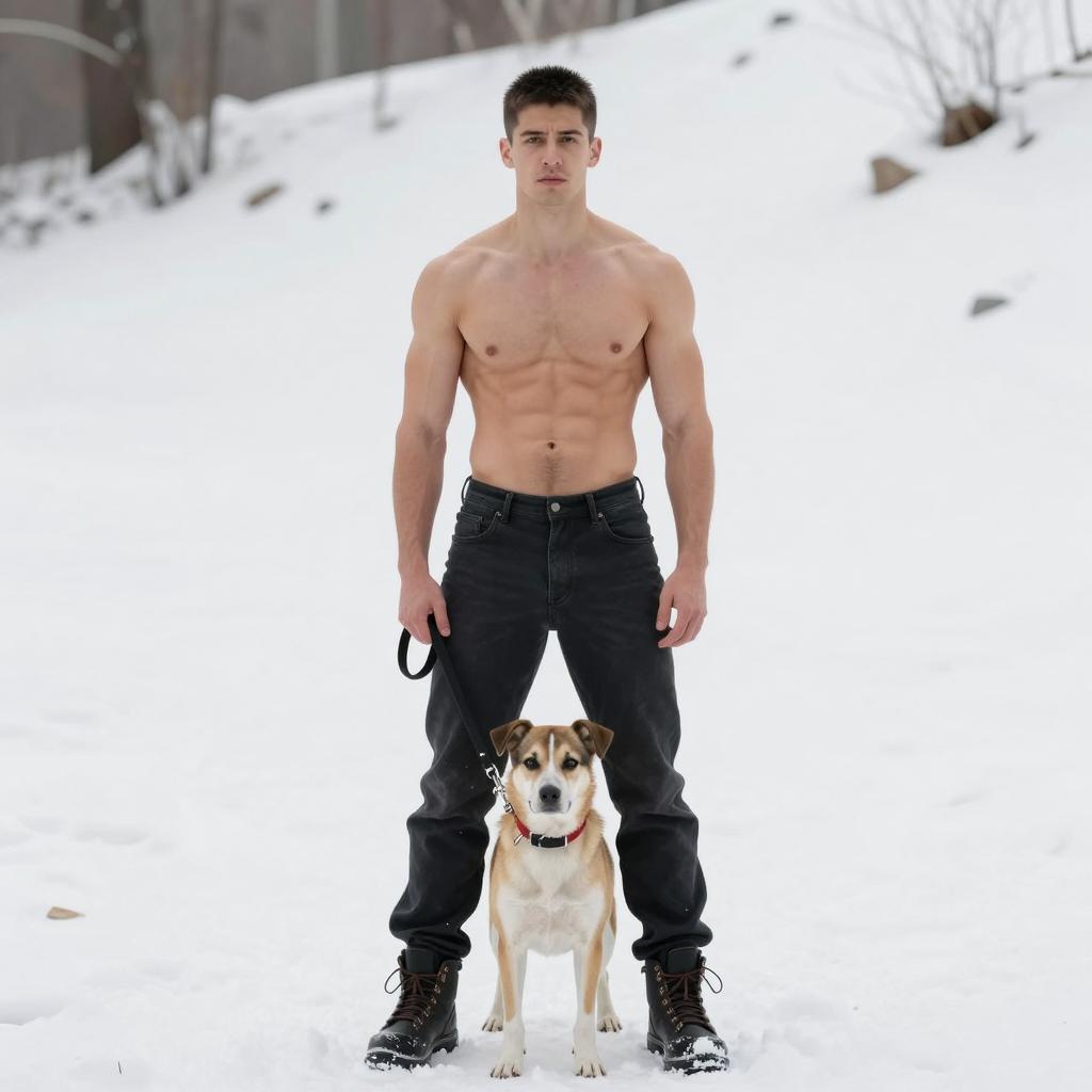 Shirtless Man Standing in Snow with Dog on Leash