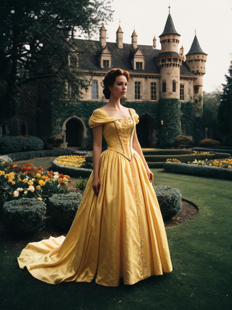 Woman in Belle Dress Photorealistic Outdoor Portrait in Castle Garden
